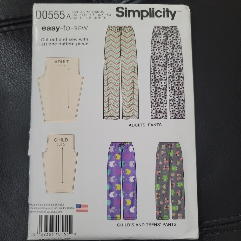 Simplicity D0555 Easy to Sew Pants Pattern Child Teen Adult XS-XL Uncut